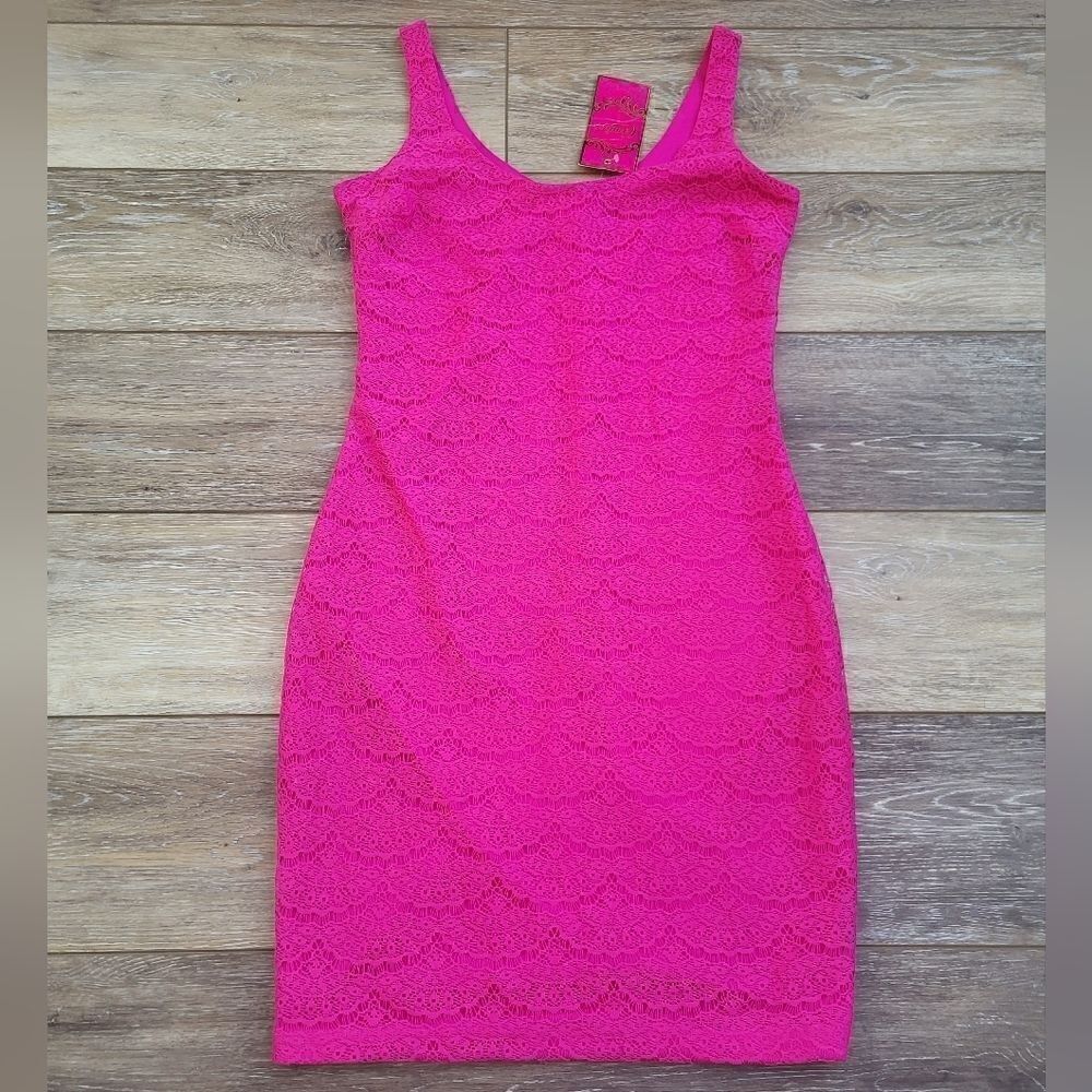 Candies hot violet xs tight lace dress with a scalloped design
